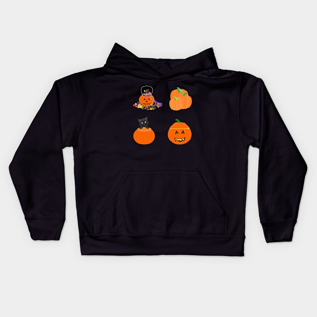 Halloween Pumpkins, Candy and Black Cat (Black Background) Kids Hoodie by Art By LM Designs 